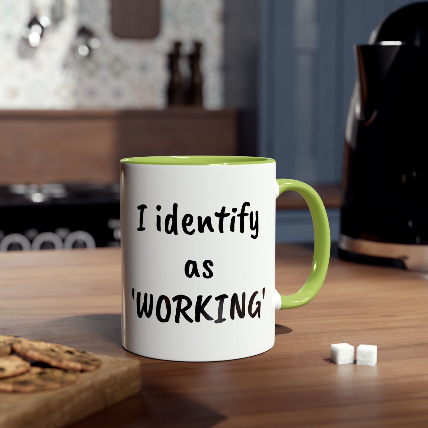 I identify as working - mug. Green accented, printed coffee mugs.