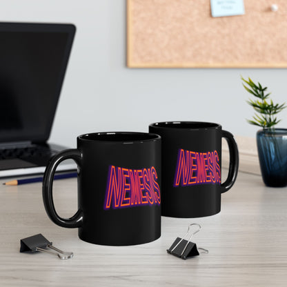 Neon Nemesis slogan mugs. Black ceramic mugs for gifts..