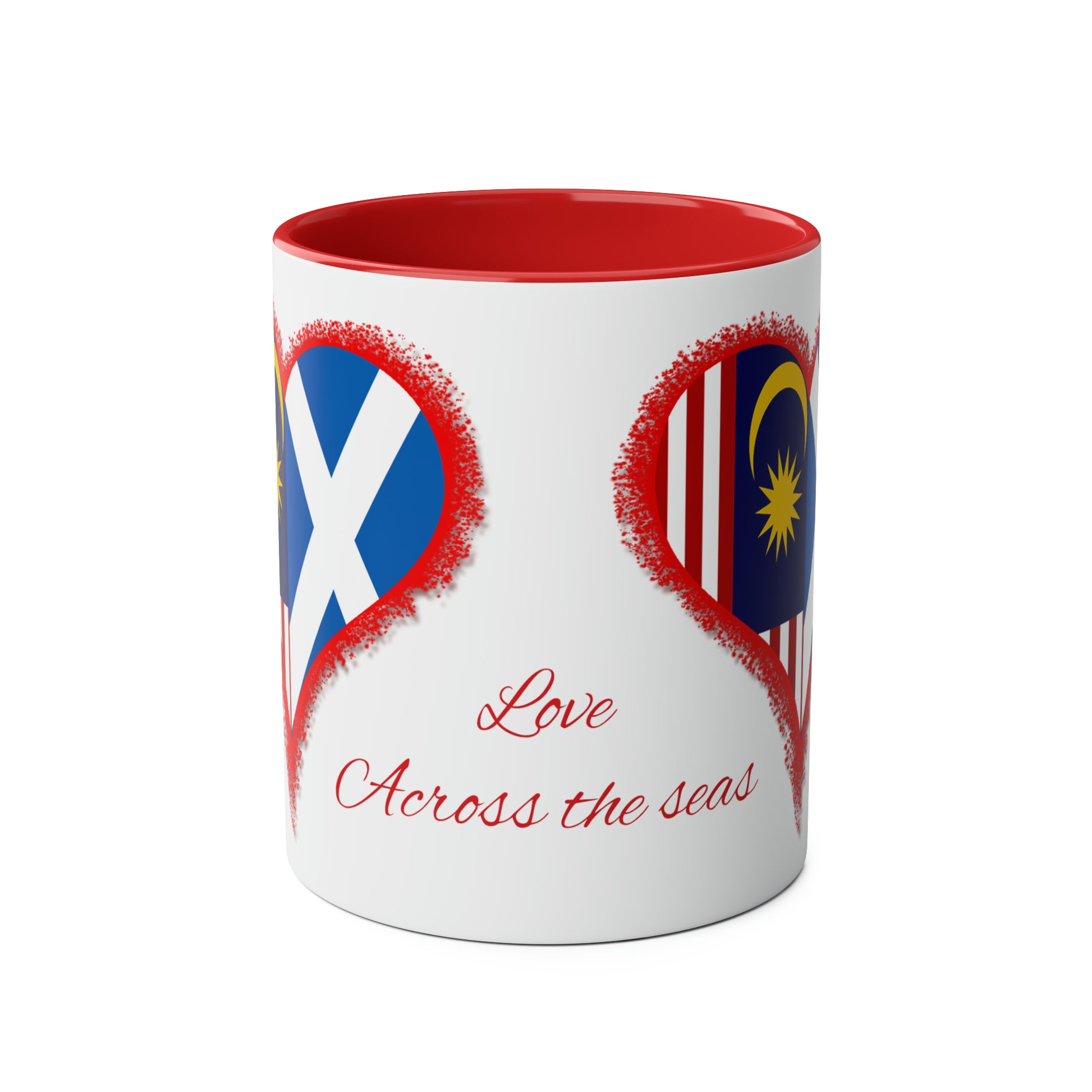 Love across the seas, novelty coffee mugs for lovers, Scottish flag, Malaysian flag, gifts for fiancé