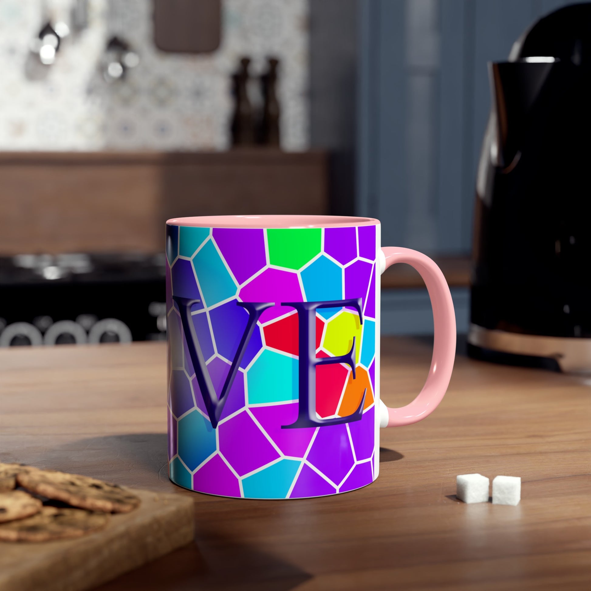 Brightly coloured Love mug, printed mugs for couples