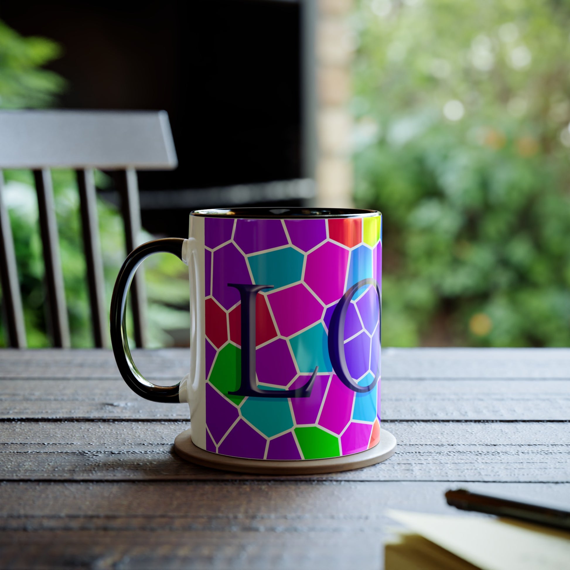 Brightly coloured Love mug, printed mugs for stocking fillers