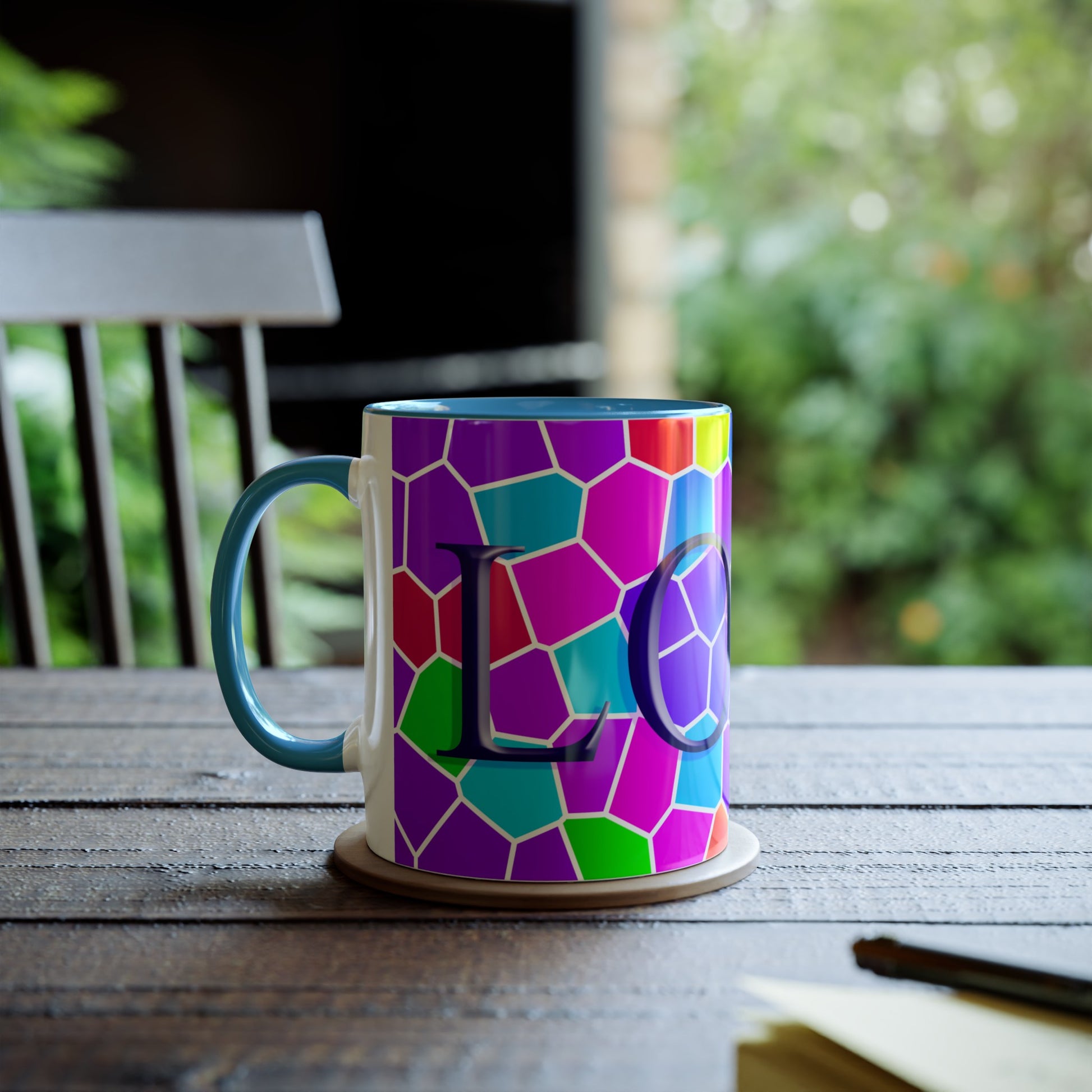 Brightly coloured Love mug, printed mugs for LGBTQ