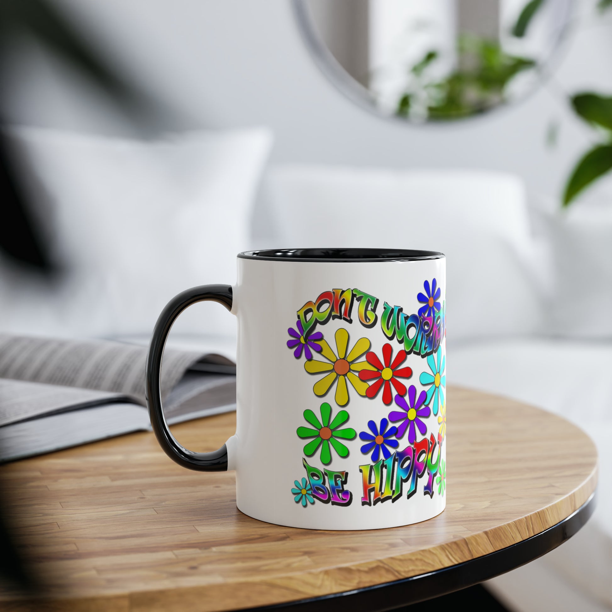 Don't worry, be hippy, novelty printed drinks mugs for stocking fillers