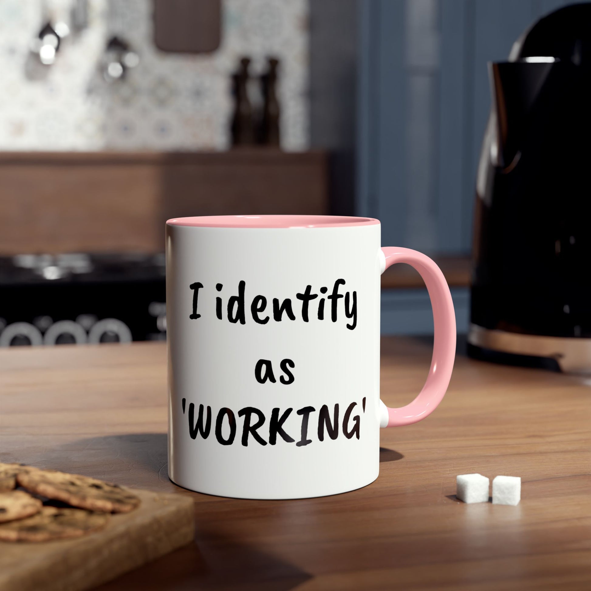 I identify as working - mug. Pink accented, printed coffee mugs.