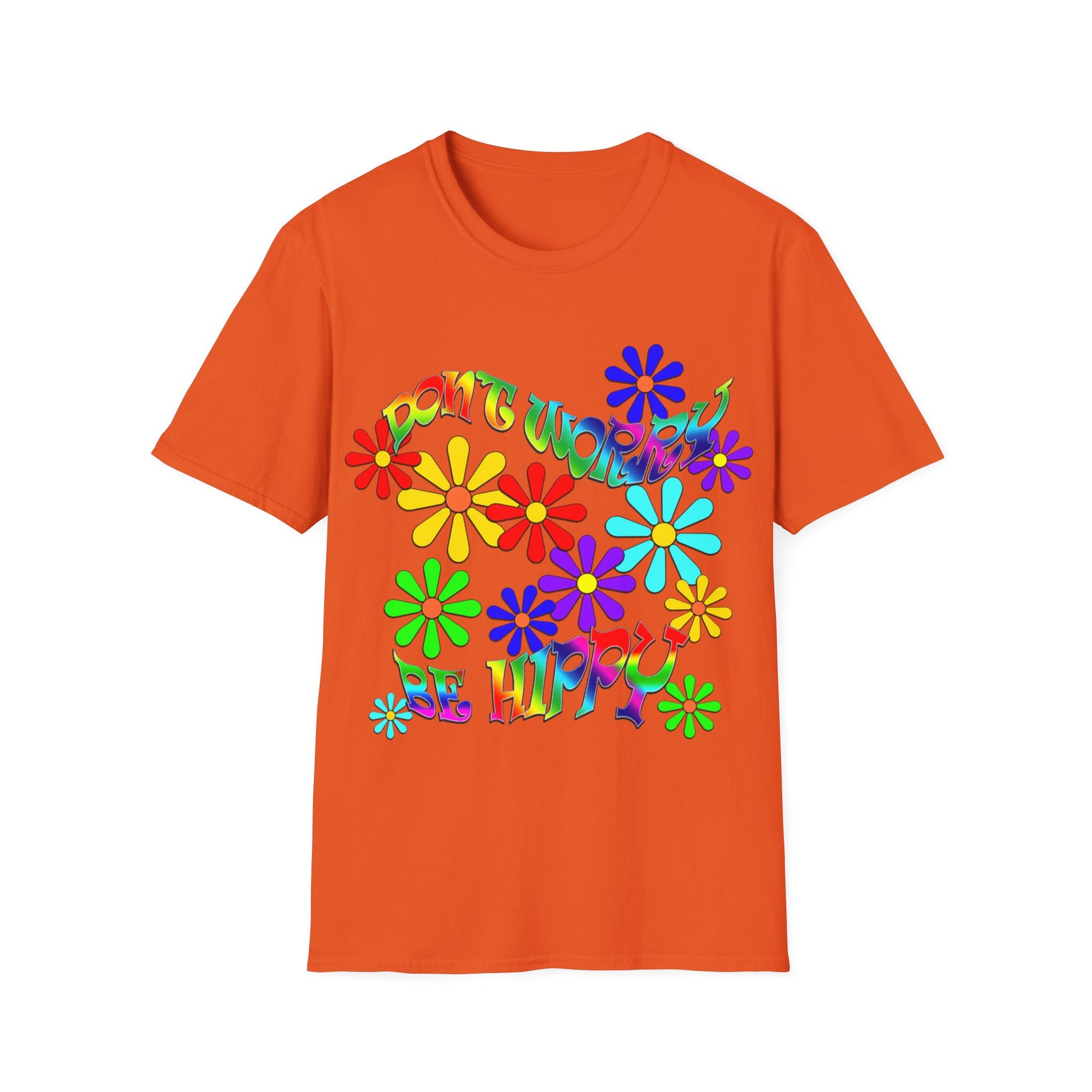 Bright orange t-shirt with a relaxed fit. The message "Don't Worry Be Hippy" is displayed prominently in a captivating, flower-power design, sure to turn heads. Presents for 60s fans and Hippies.