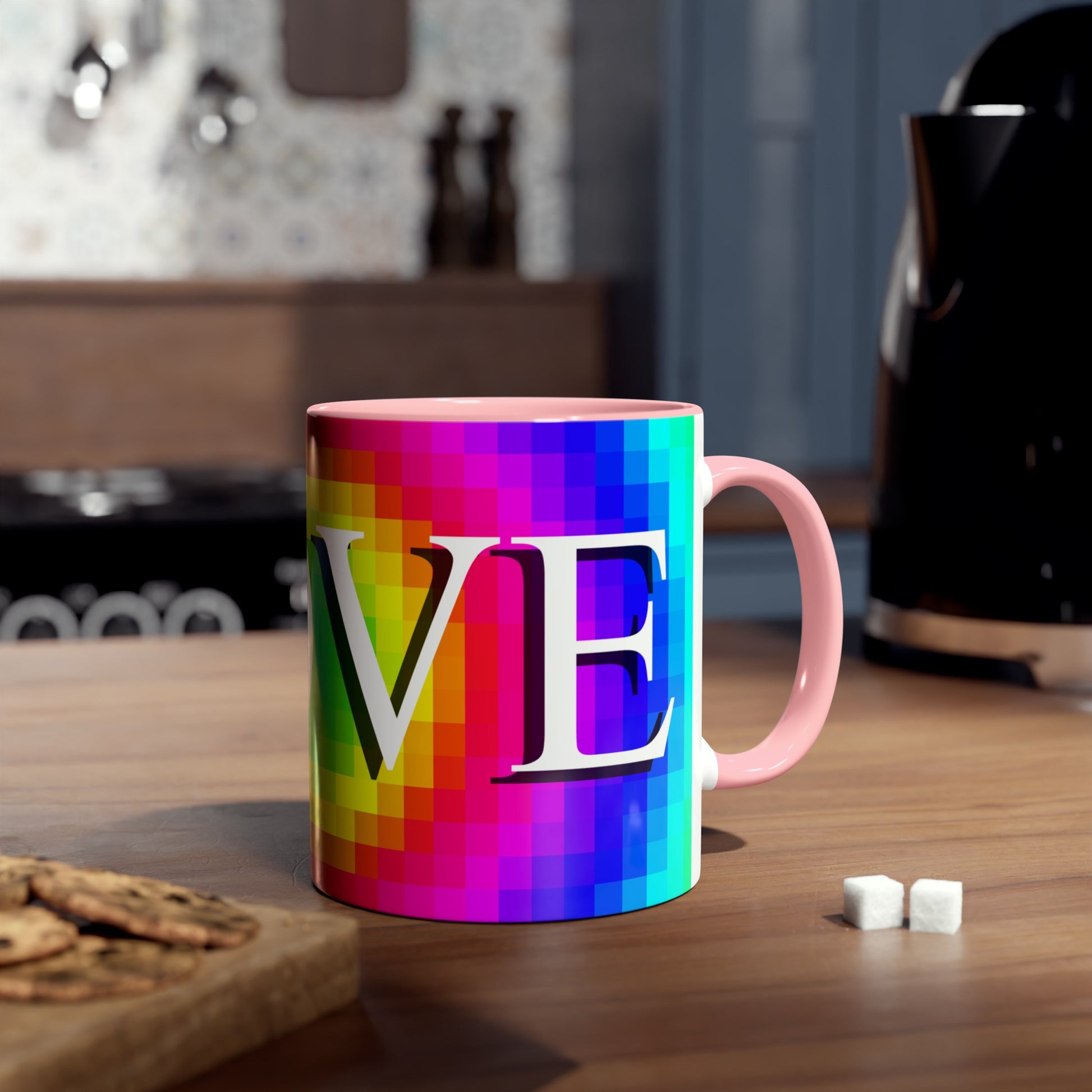 Mosaic of Love, Colourful love themed coffee mugs. Rainbow flag Tea mugs for boys