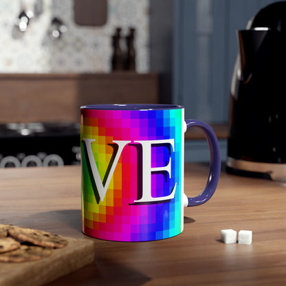 Mosaic of Love, Colourful love themed coffee mugs. Rainbow flag Tea mugs for best friends