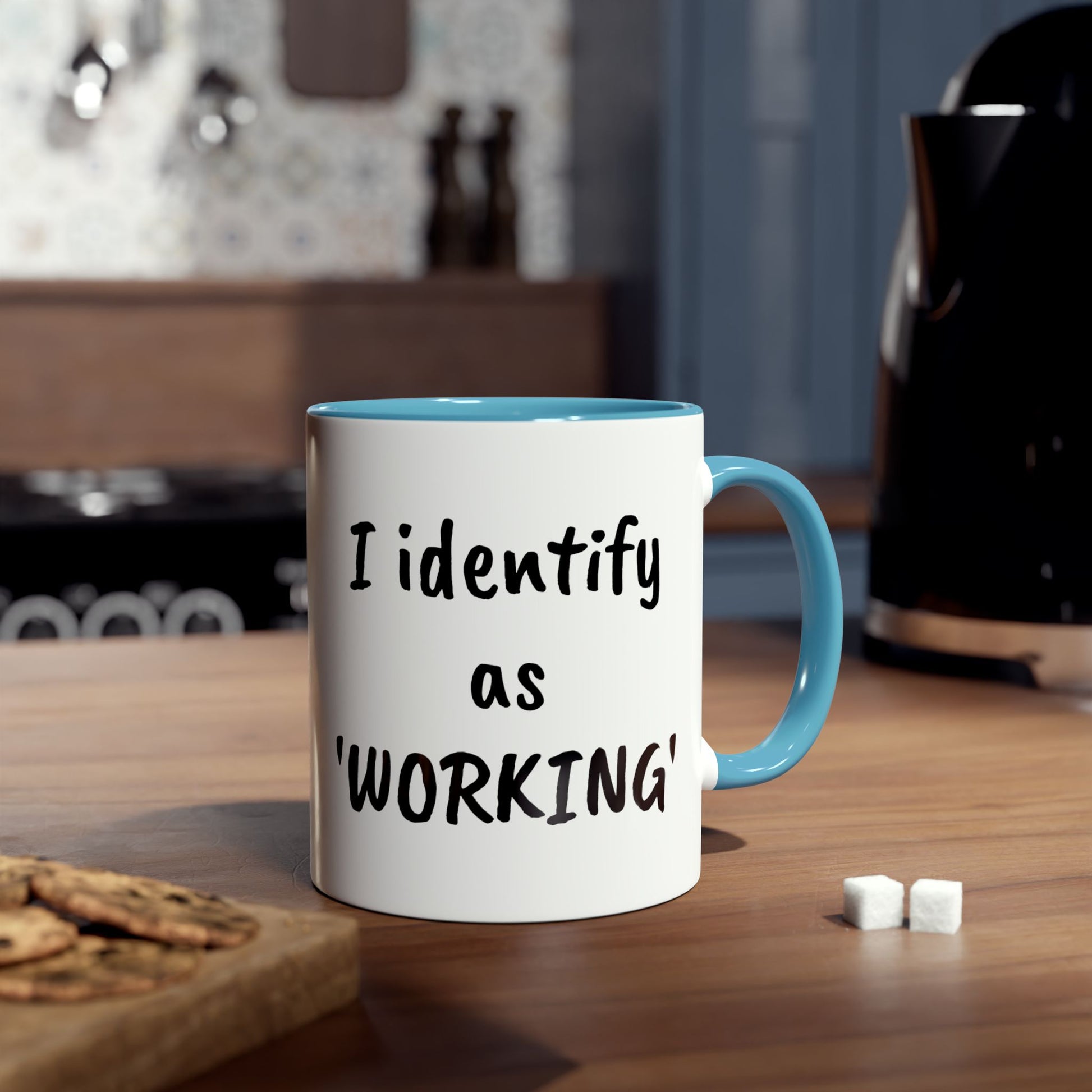 I identify as working - mug. Blue accented, printed coffee mugs.