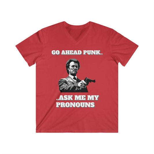 Red unisex T-shirt, with the text, 'Go ahead Punk... tell me your pronouns.