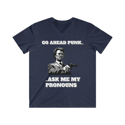 Navy unisex T-shirt, with the text, 'Go ahead Punk... tell me your pronouns.