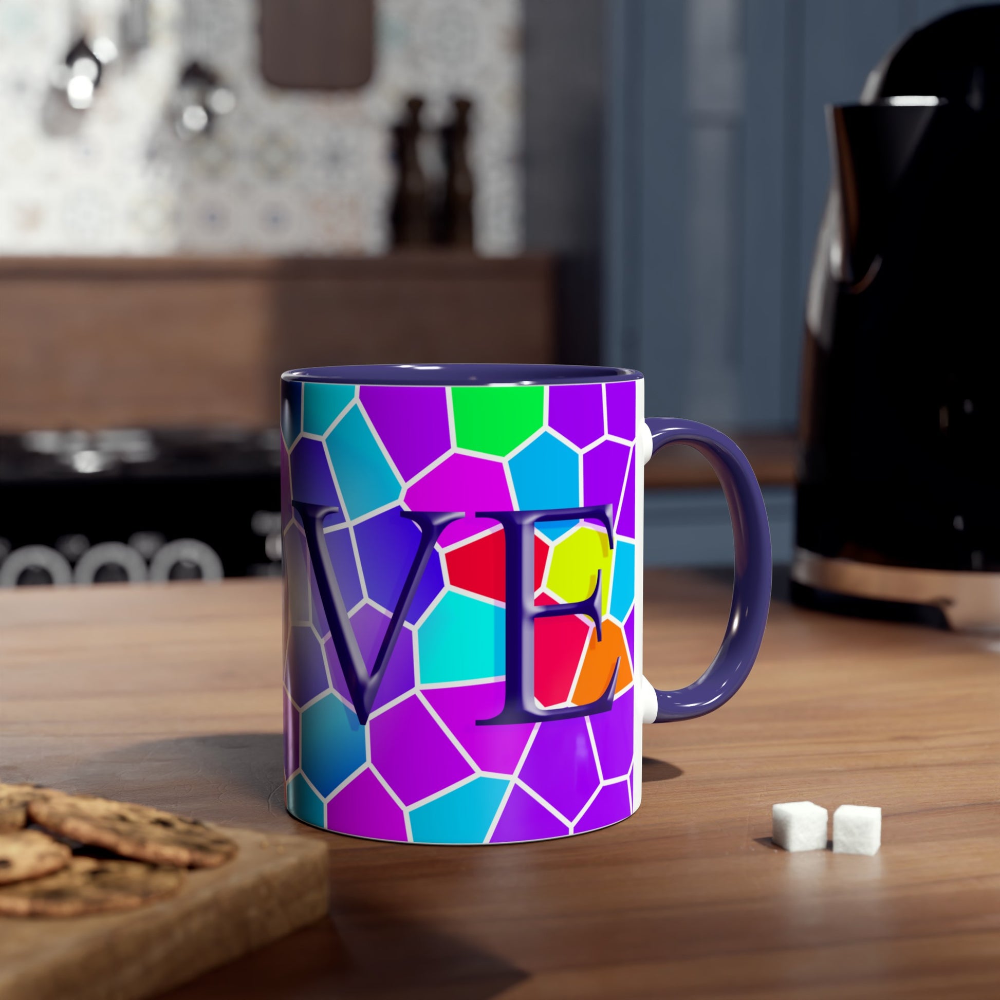 Brightly coloured Love mug, printed mugs for presents