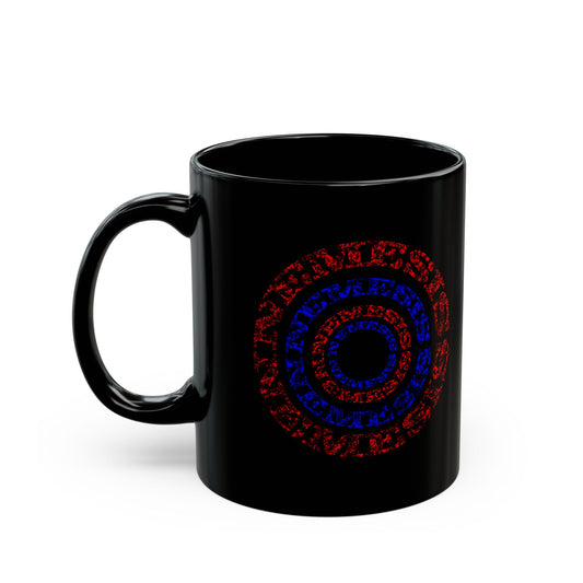 Nemesis - optical illusion mug. Black ceramic mug with Red and Blue text.